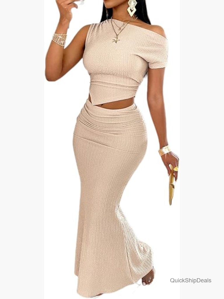 One Shoulder Top And Maxi Skirt Set, Polyester, Slim Fit